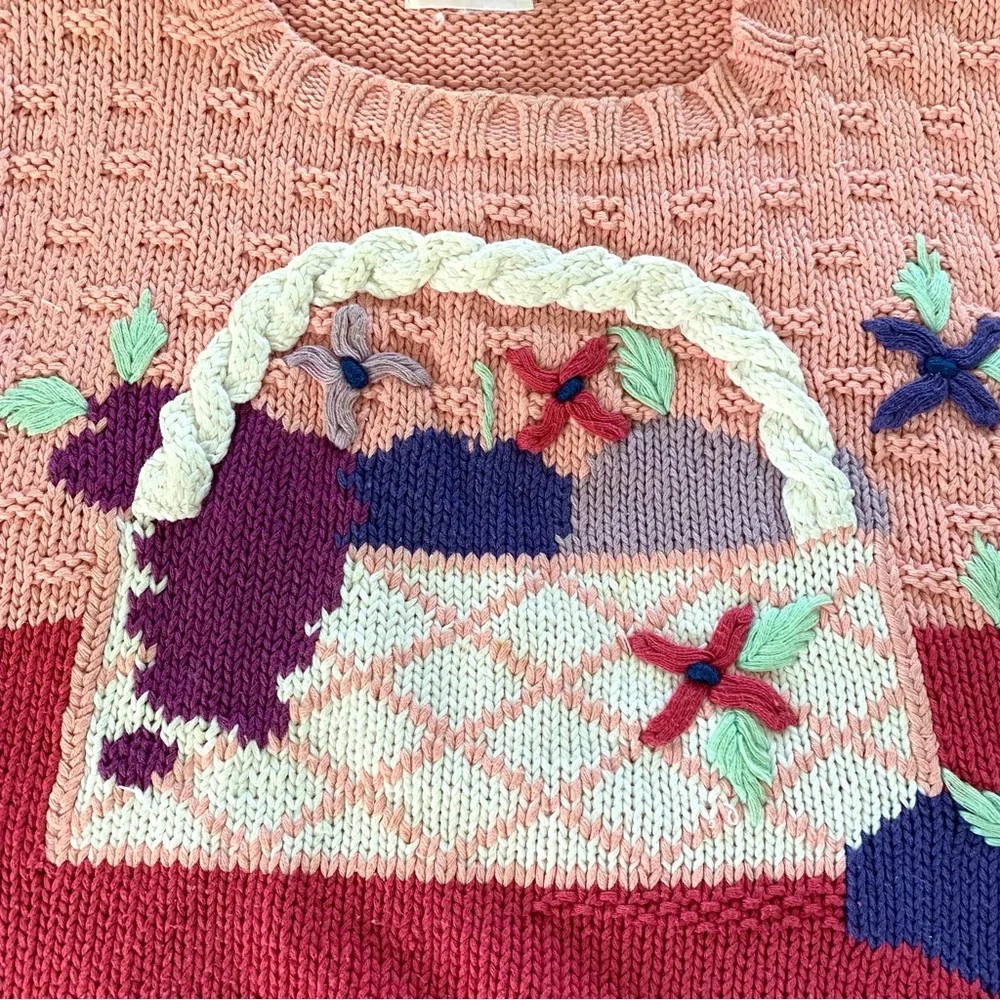 Vintage Sweater Jack Winter Hand Knit Easter Fruit Basket Sz Medium Petite Pink - Picture 5 of 12